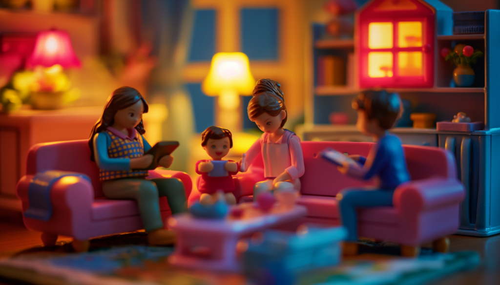 customers on devices in family room at night