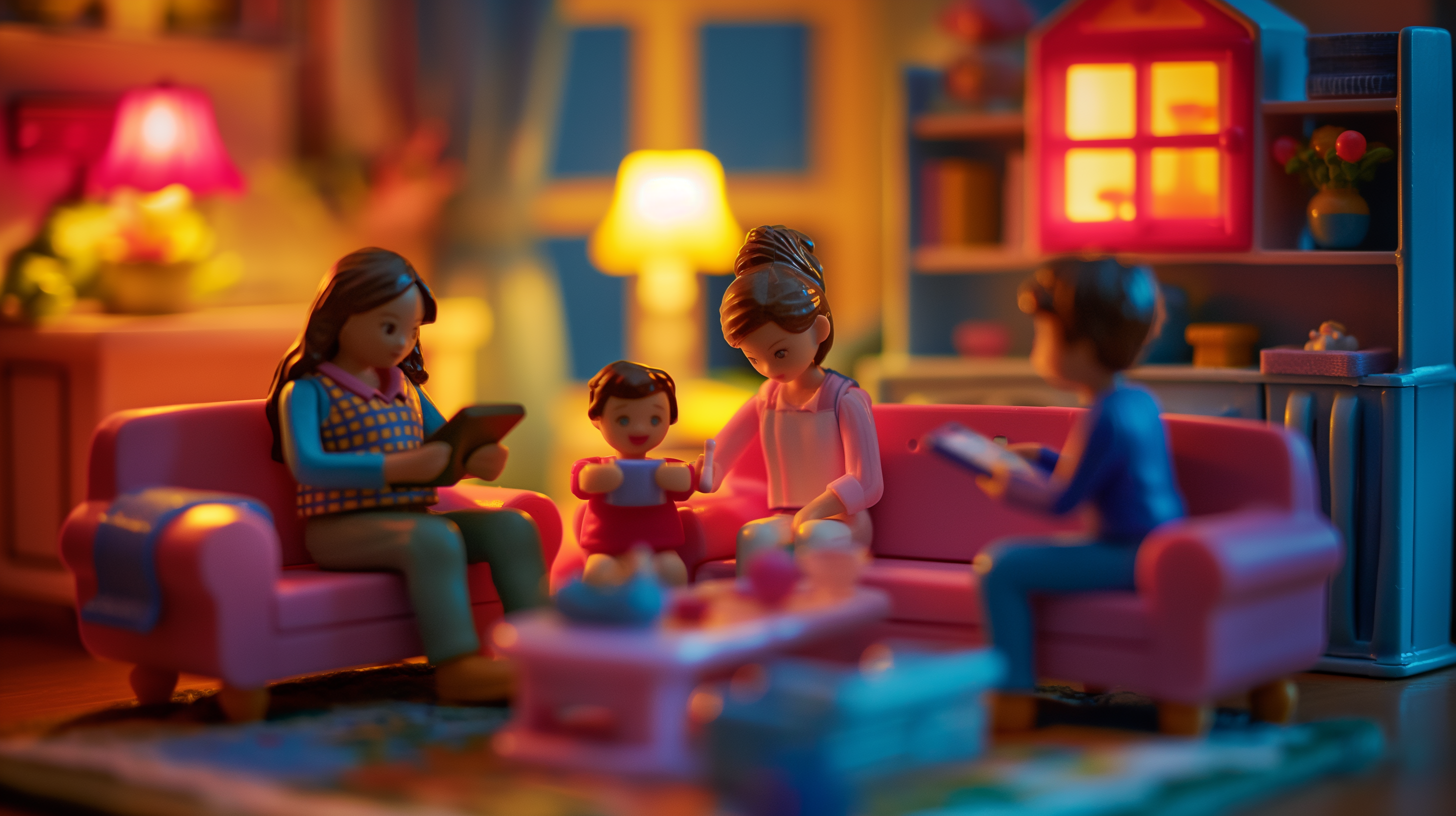 customers on devices in family room at night